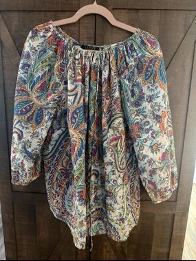 Lauren Ralph Lauren 3X Boho Paisley Peasant Top 100% Cotton Colorful Blouse